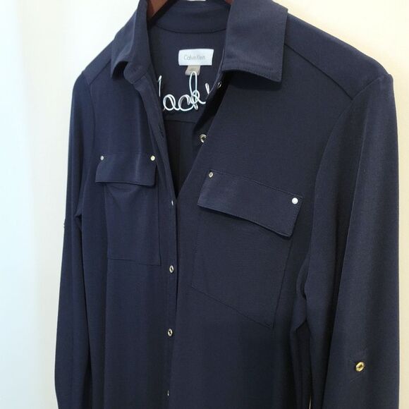 Calvin Klein Navy Blue Gold Button Roll Tab Long Sleeve Shirt Dress Size 4 - Picture 2 of 12